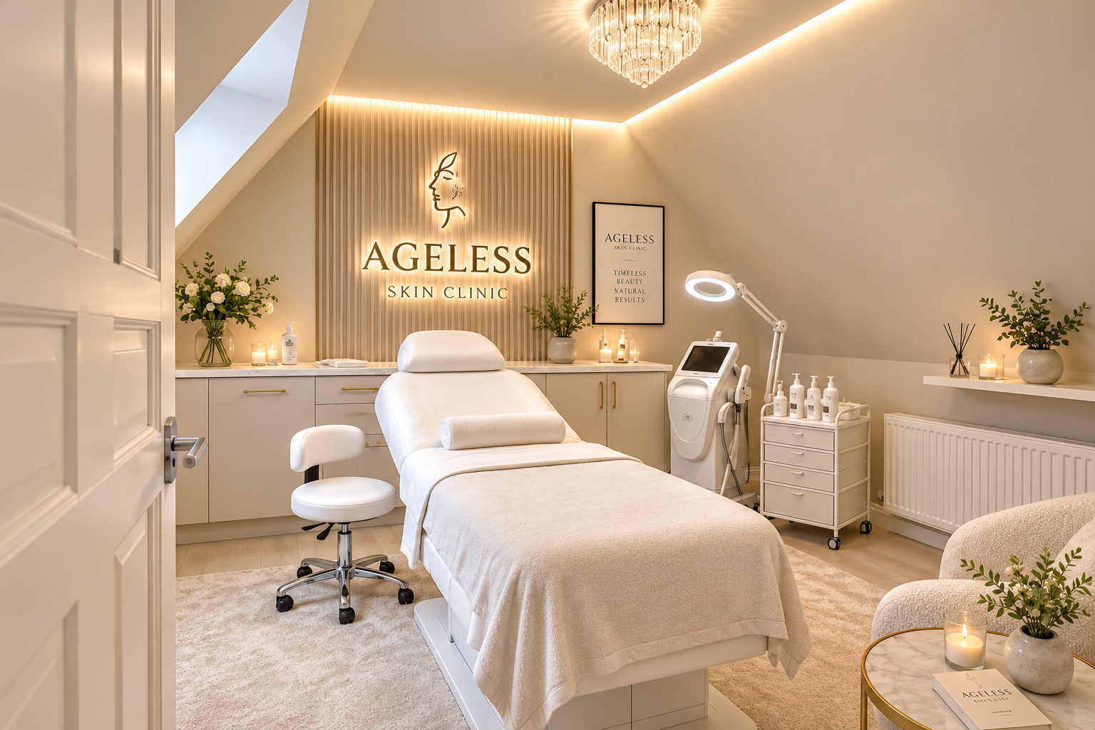 Elegant Ageless Skin Clinic treatment room with a covered facial bed, skincare equipment, ring light, chandelier, and floral decor.