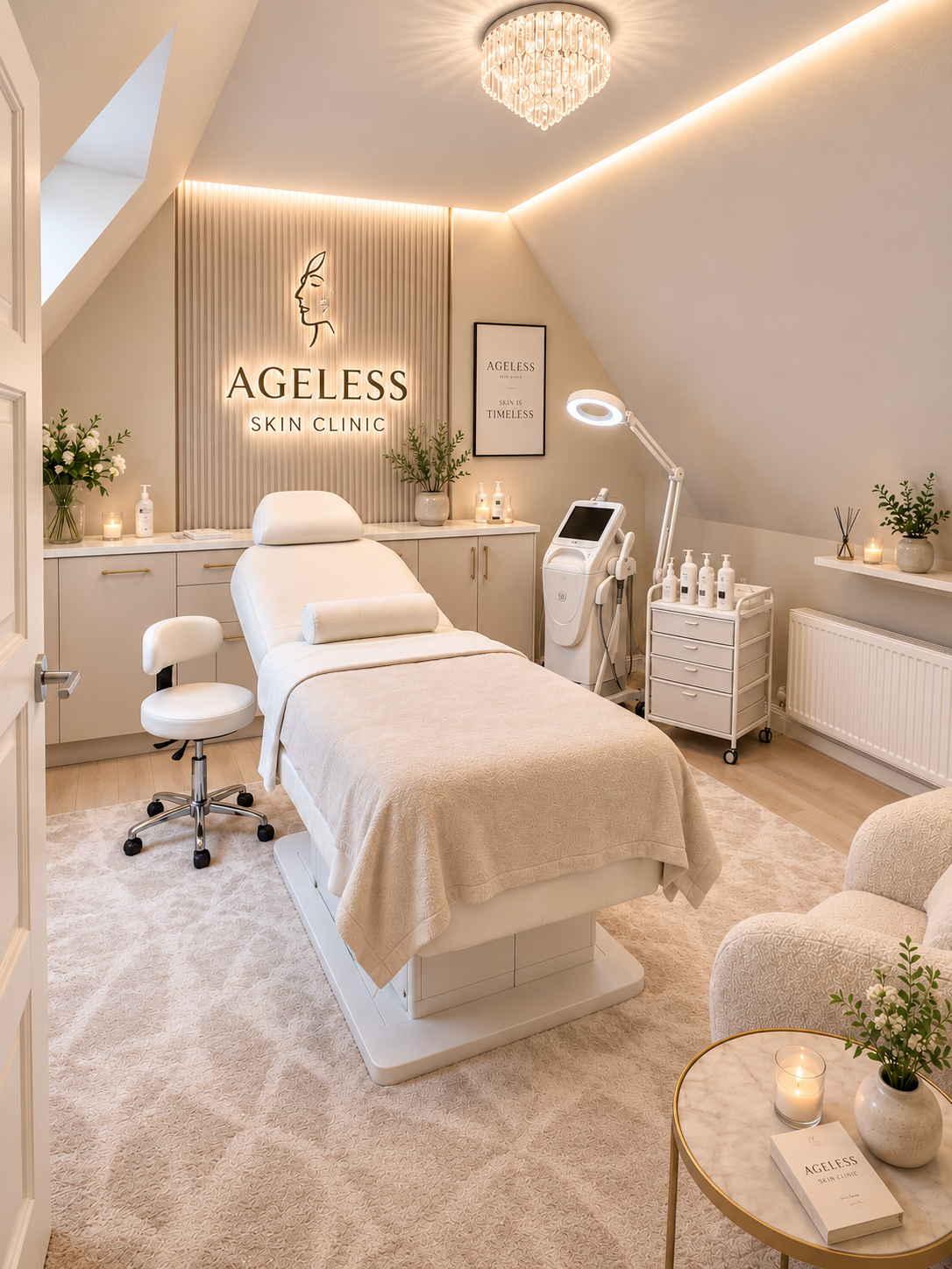 Elegant Ageless Skin Clinic treatment room with a facial bed, skincare equipment, ring light, chandelier, and neutral decor