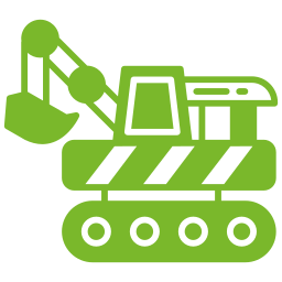 Green construction road roller icon with front scoop, cabin, conveyor, and four wheels