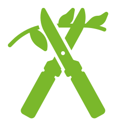Green pruning shears crossed with leafy branches