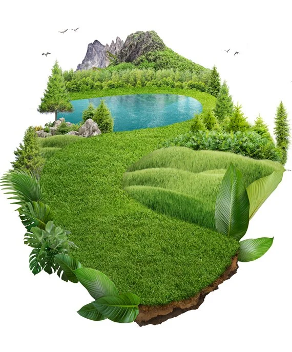 Surreal floating green landscape with a turquoise mountain lake, rugged peaks, rolling grass, tropical leaves, and flying birds