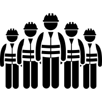 Black silhouette icon of five construction workers standing side by side wearing hard hats