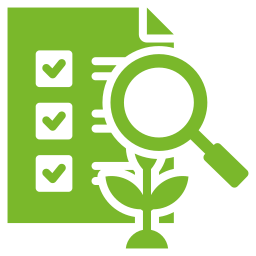 Green checklist with three checked boxes, magnifying glass, and sprouting plant icon