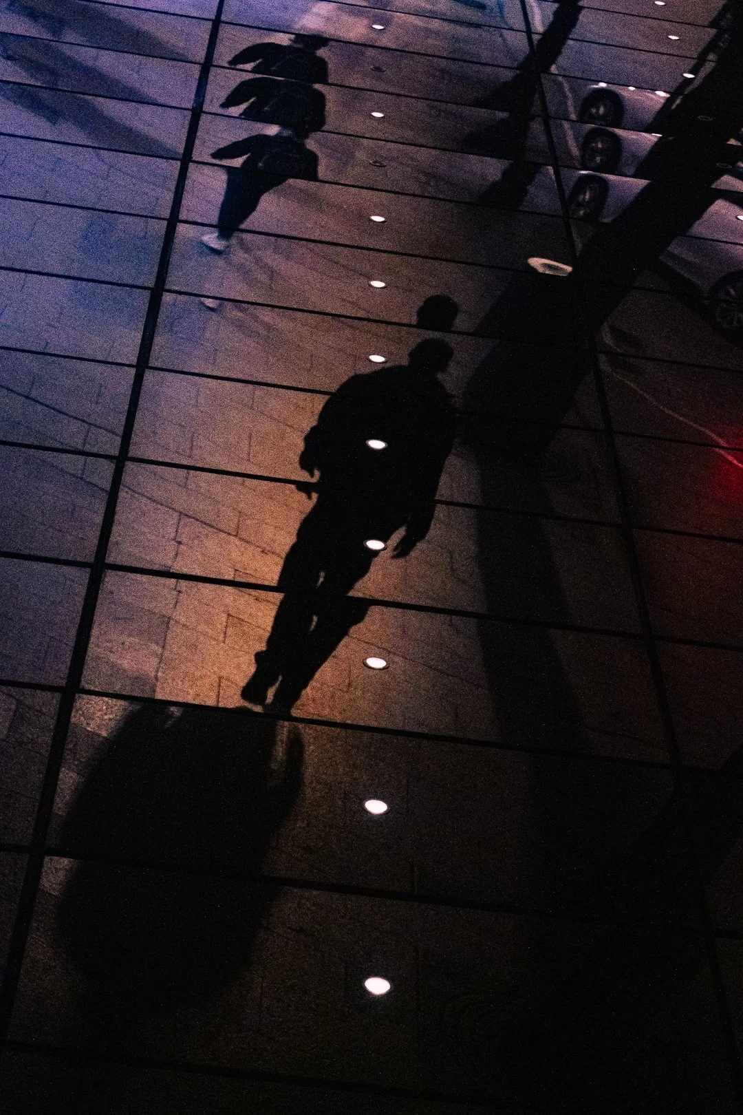 Silhouettes of people and palm trees reflected on a dark tiled glass building facade at night