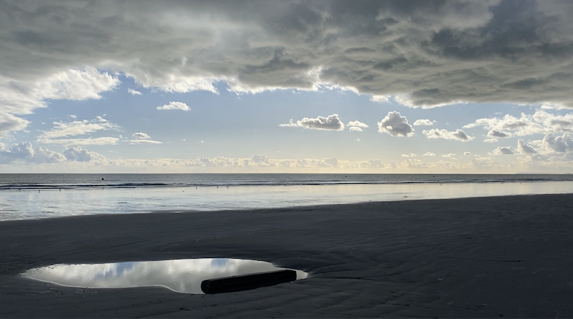 Dark sandy beach with a reflective tidal pool, driftwood, calm ocean waves, and dramatic cloudy sky