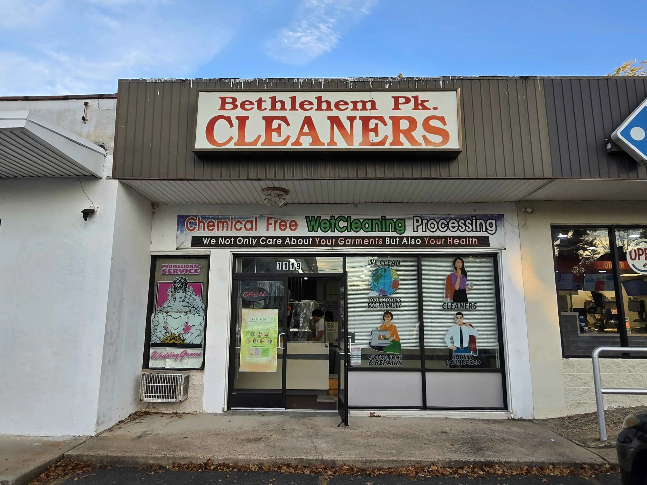 Bethlehem Park Cleaners storefront with signage advertising chemical-free wet cleaning, alterations, repairs, and laundry services.