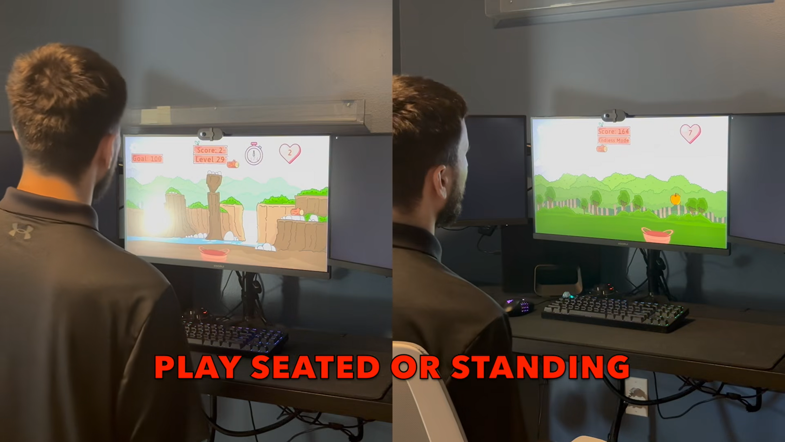 Split-screen image of a person gaming at a computer while seated and standing, with a colorful platform game displayed on the monitor and the caption “PLAY SEATED OR STANDING.”