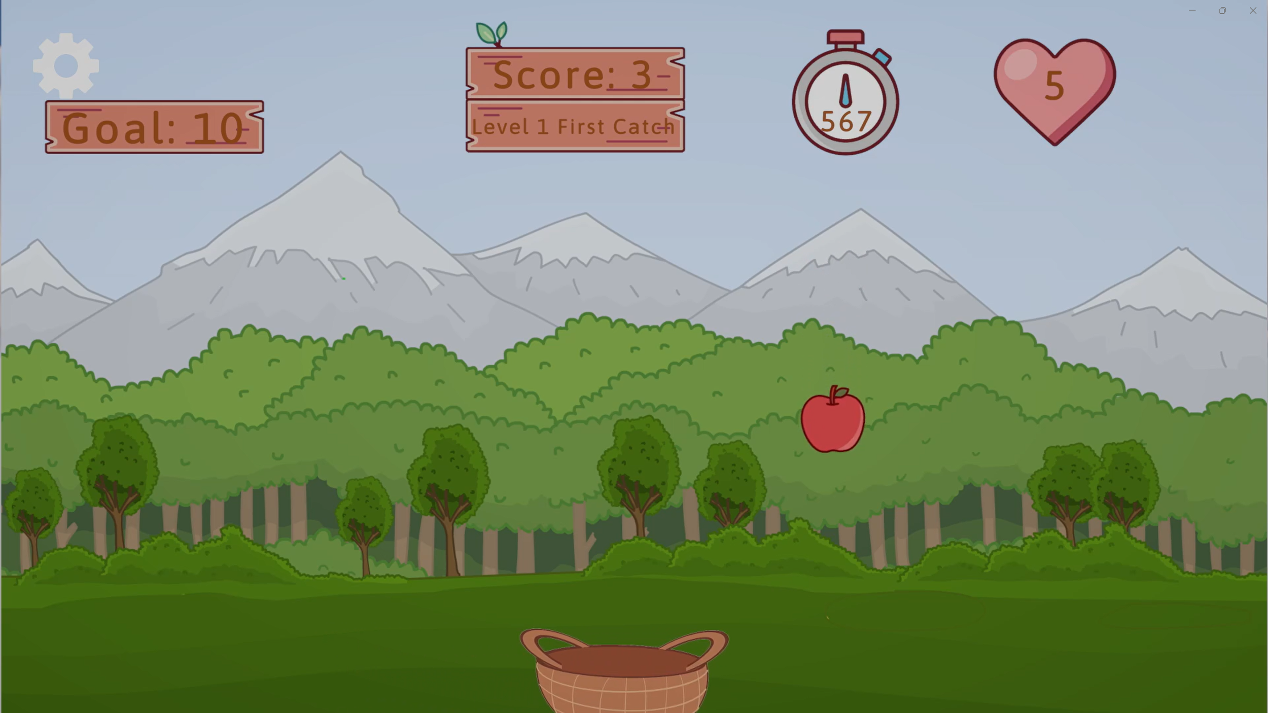 Apple-catching game screen showing a forest, mountains, basket, floating red apple, goal of 10, score of 3, timer, and five hearts