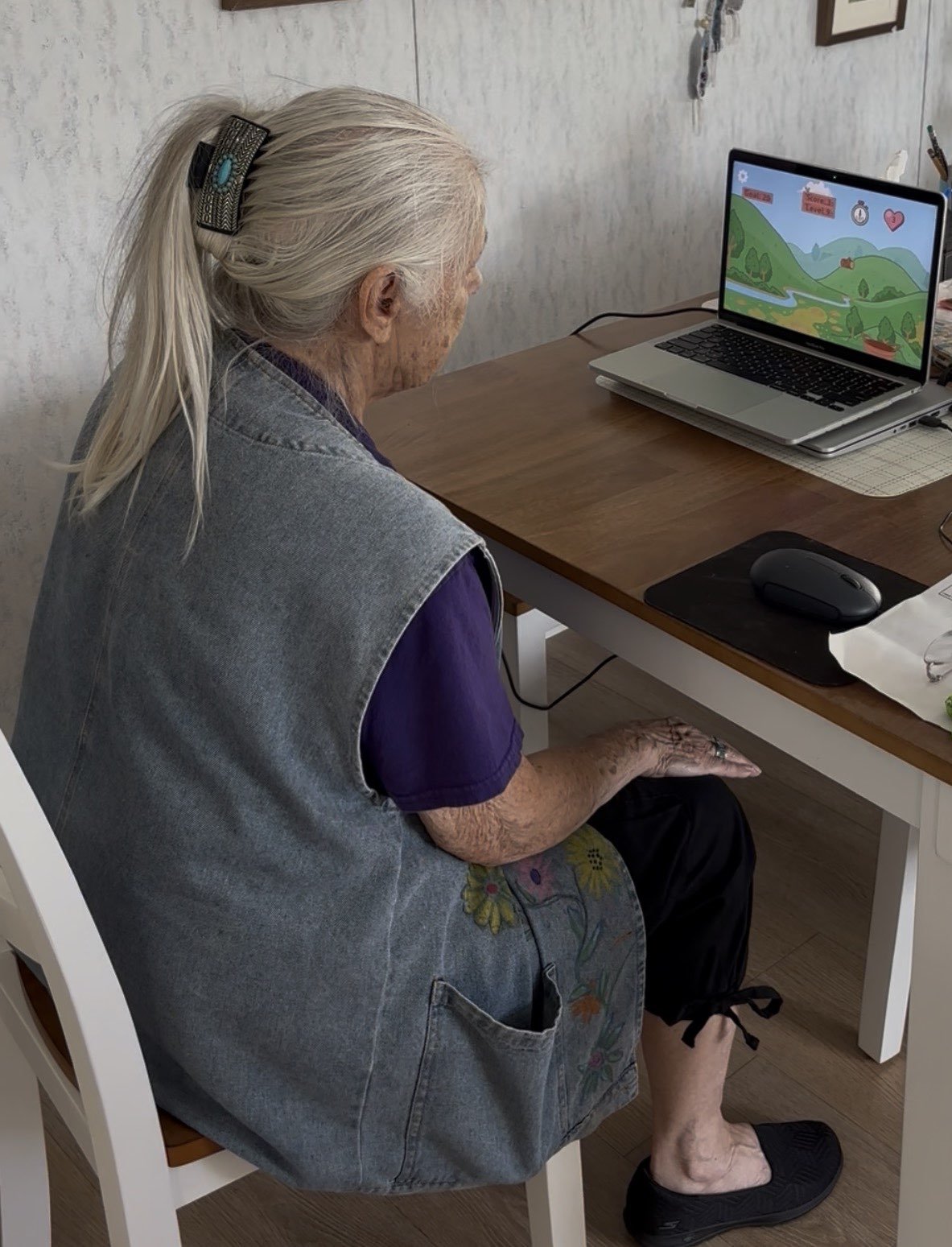 Older woman with a ponytail using a laptop at a home desk