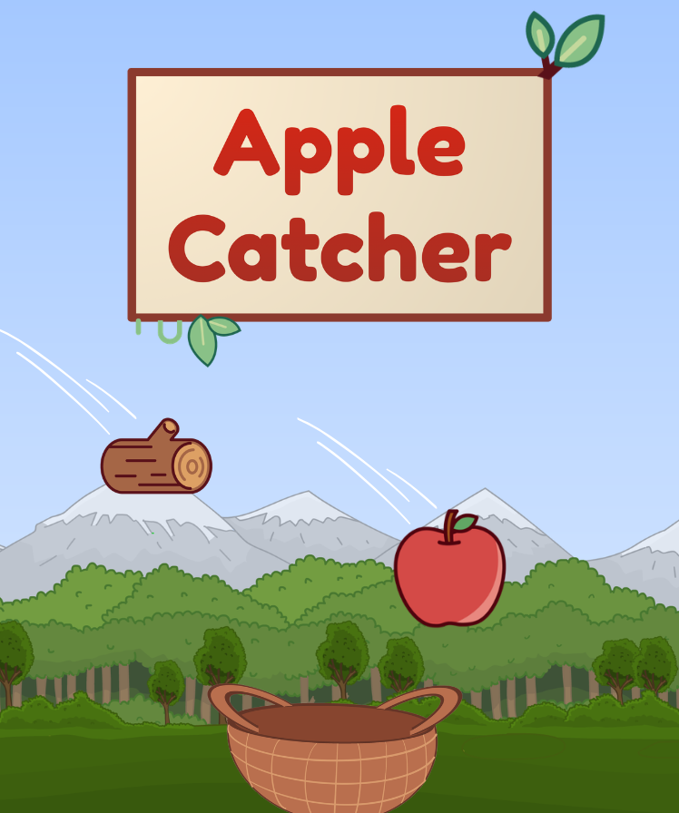 Illustrated apple catcher game scene with a basket, falling apple, log, forest, mountains, and “Apple Catcher” sign