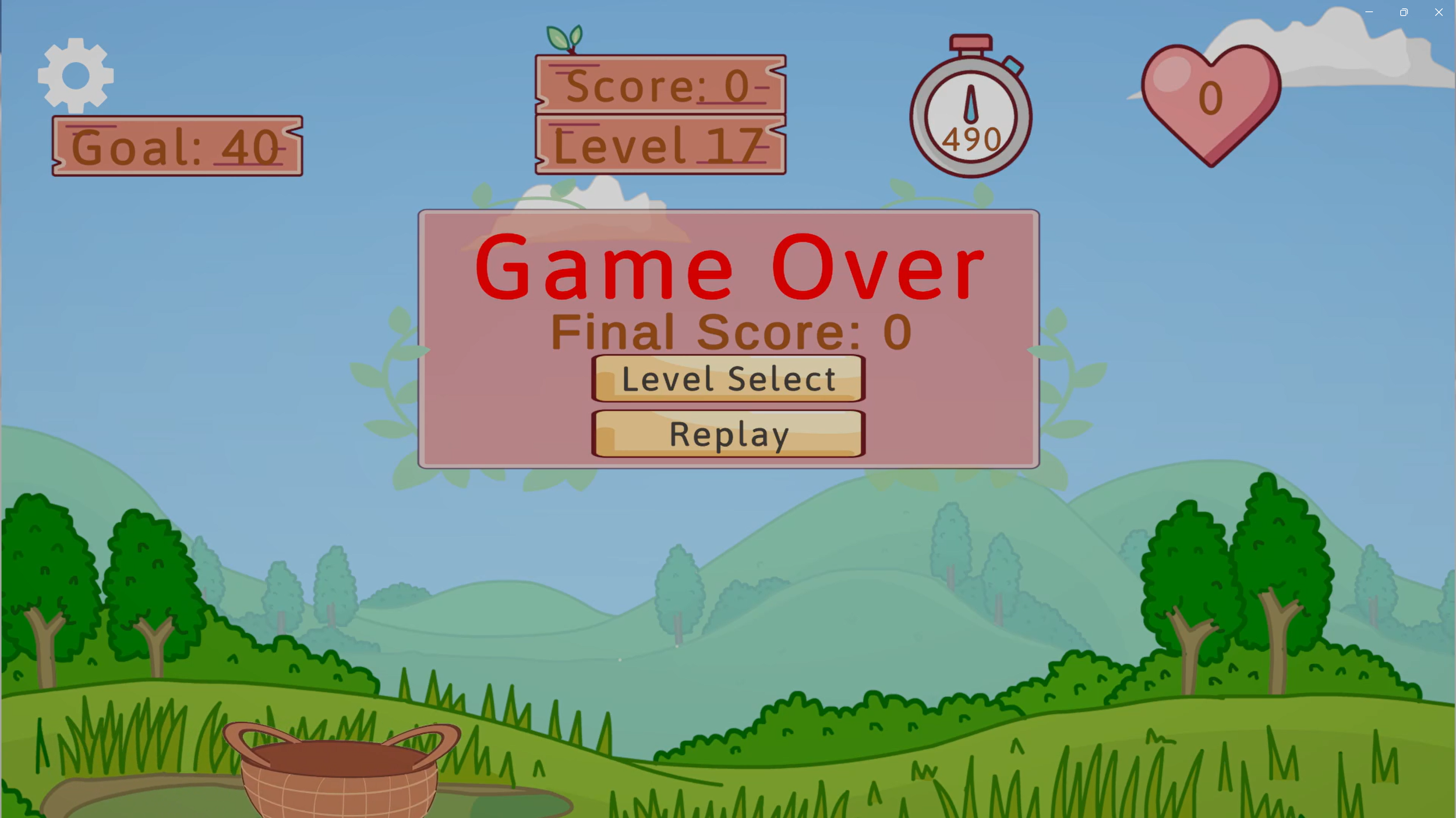 Cartoon game-over screen showing Level 17, final score 0, goal 40, timer 490, and Level Select and Replay buttons over a forest landscape.