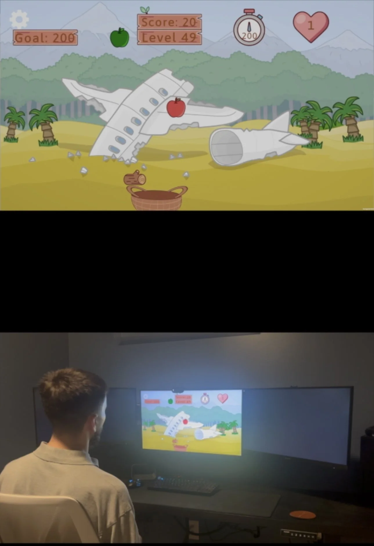 Person playing a cartoon airplane game on a large monitor, with crashed planes, score and level indicators, hearts, and tropical scenery.