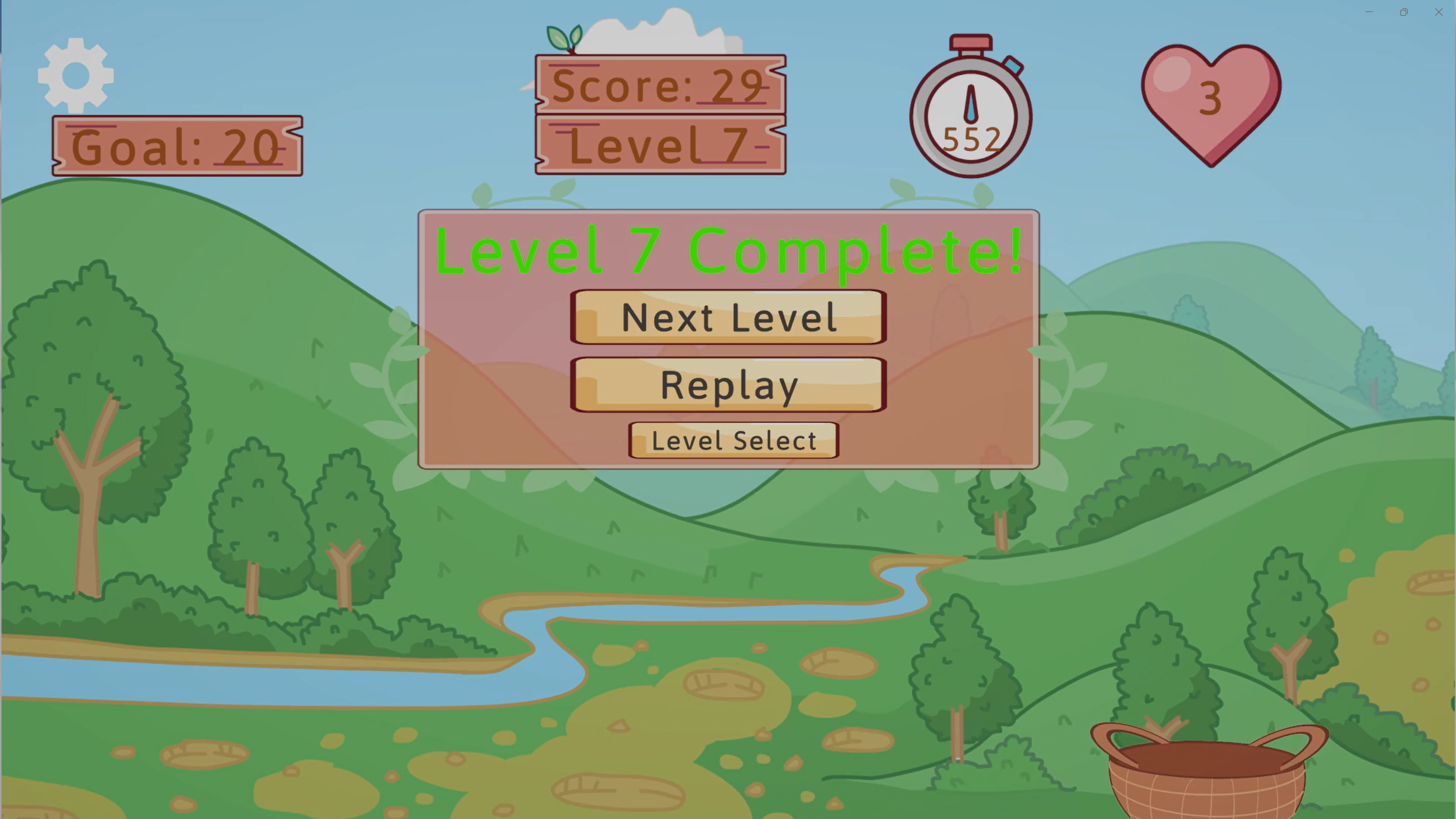 Cartoon game completion screen showing Level 7 complete, score 29, goal 20, timer 552, three hearts, and Next Level, Replay, and Level Select buttons.
