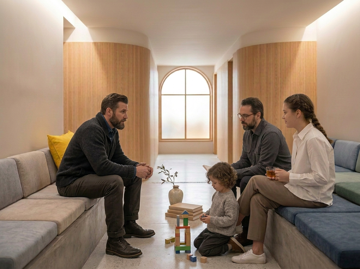Family meeting in a modern living room while a child plays with wooden blocks