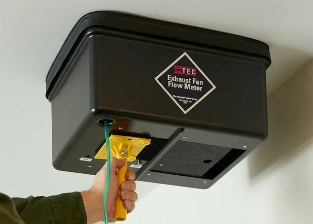 Technician testing a ceiling-mounted exhaust fan with a black airflow meter.