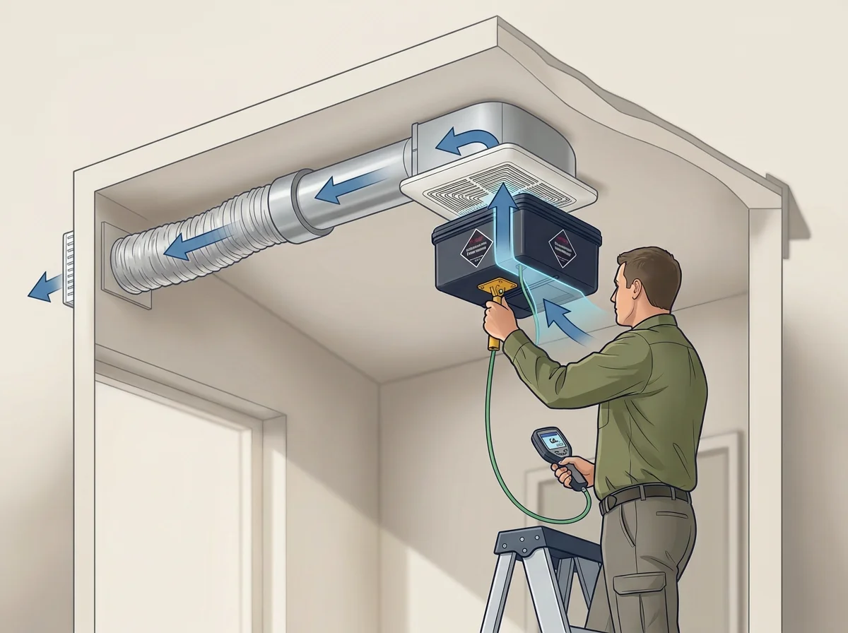 Illustration of a technician inspecting an exhaust fan unit and ductwork with a handheld gauge while standing on a ladder.