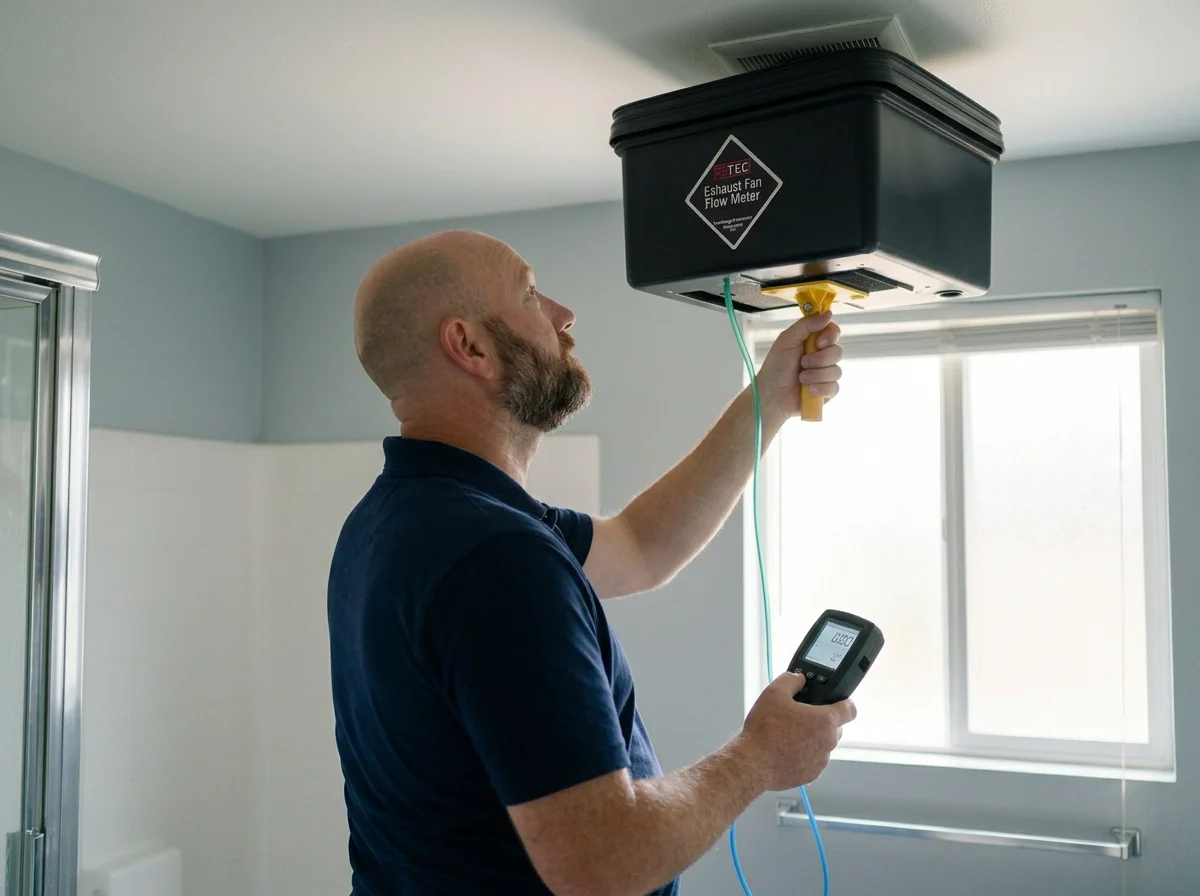 Technician measuring bathroom exhaust fan airflow with a digital flow meter.