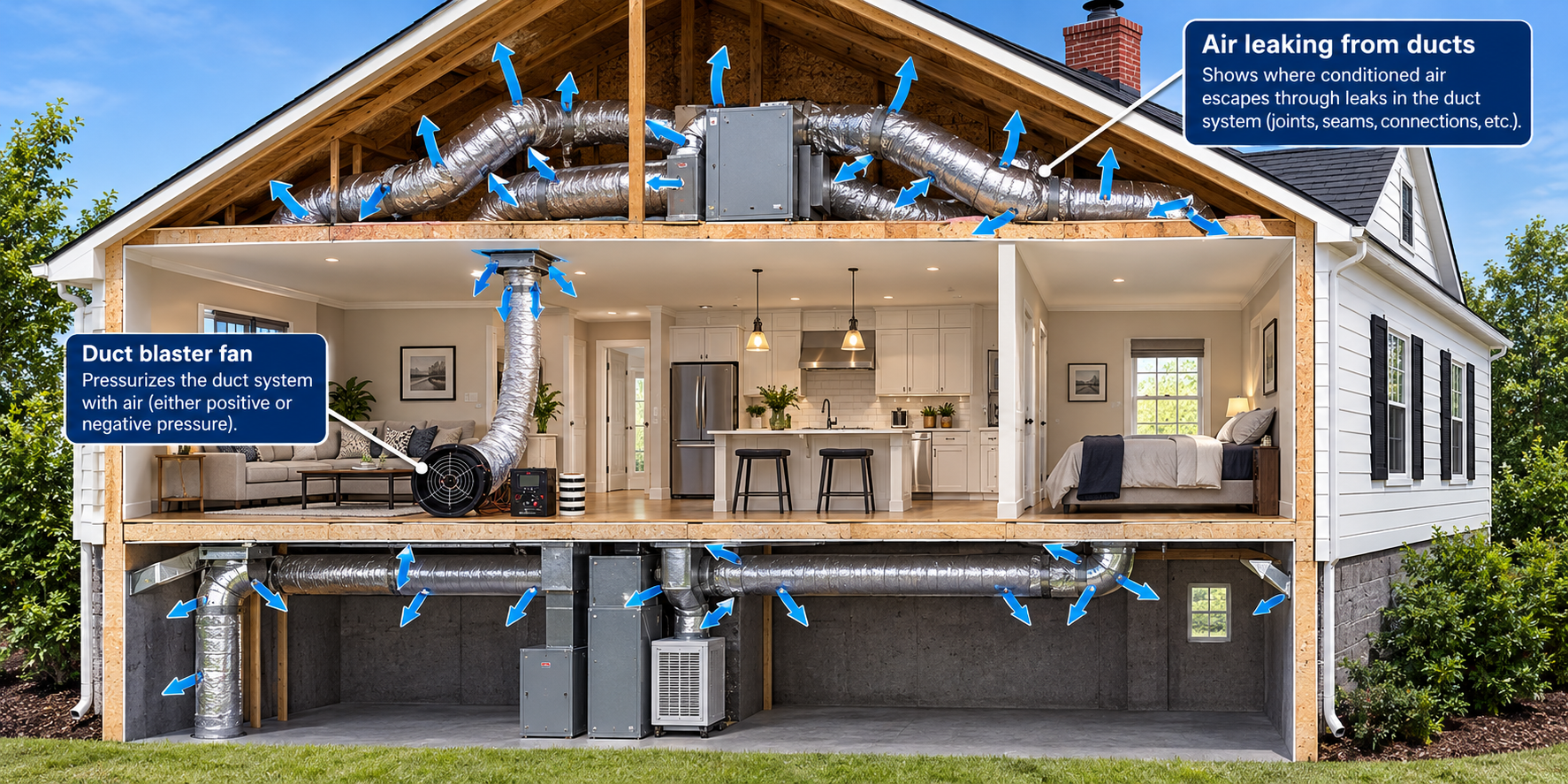 Cutaway house showing ductwork, blue arrows indicating air leaks, and a duct blaster fan testing the HVAC system.