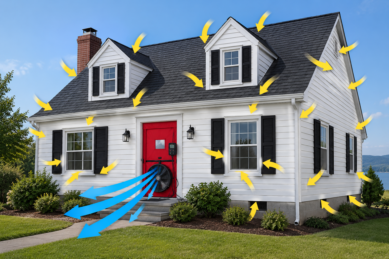 Home energy audit illustration showing a blower door test, with blue airflow arrows exiting the front door and yellow arrows marking air leakage around the windows, roof, siding, and foundation.