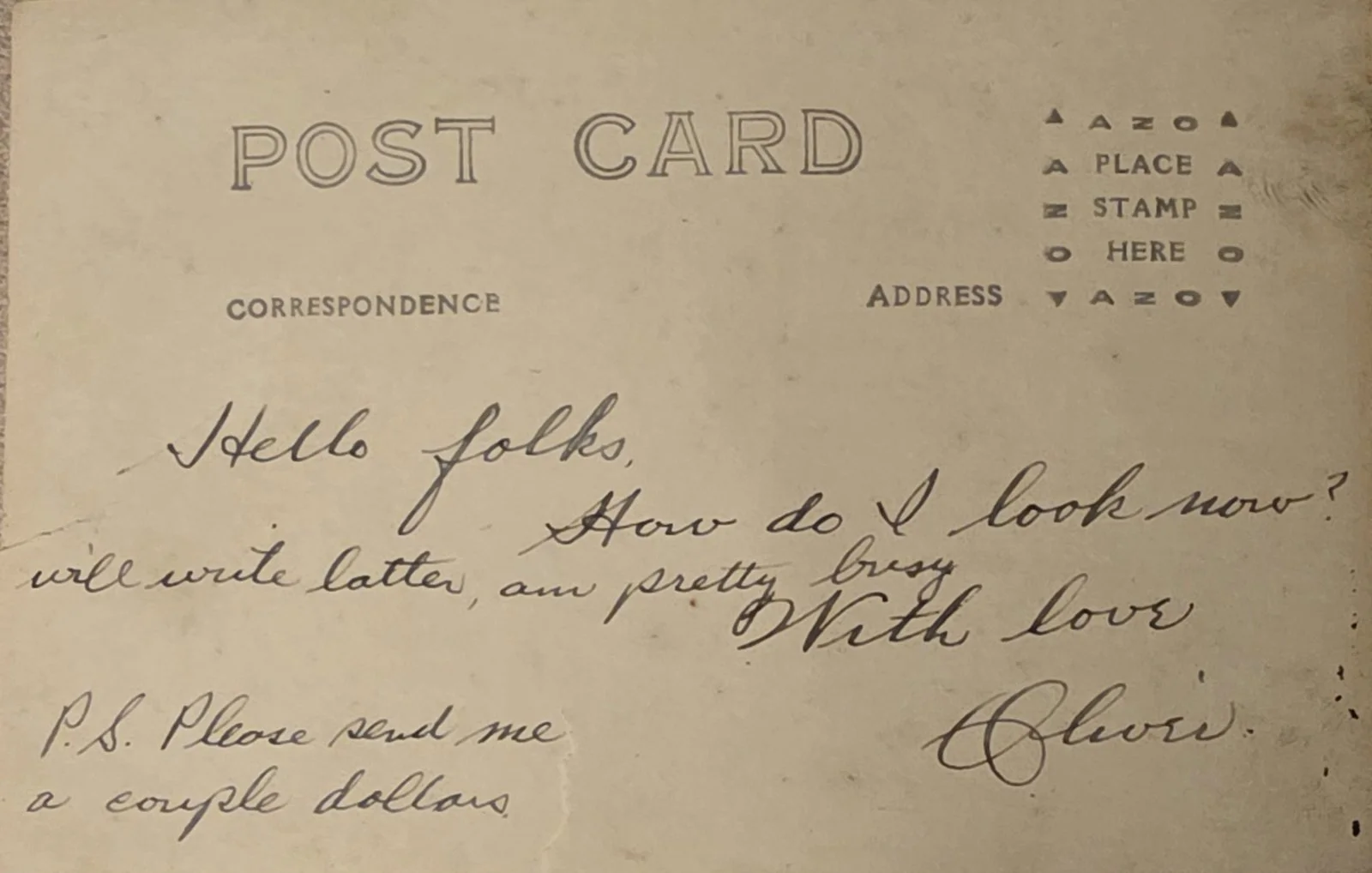The postcard Oliver mailed home from basic training