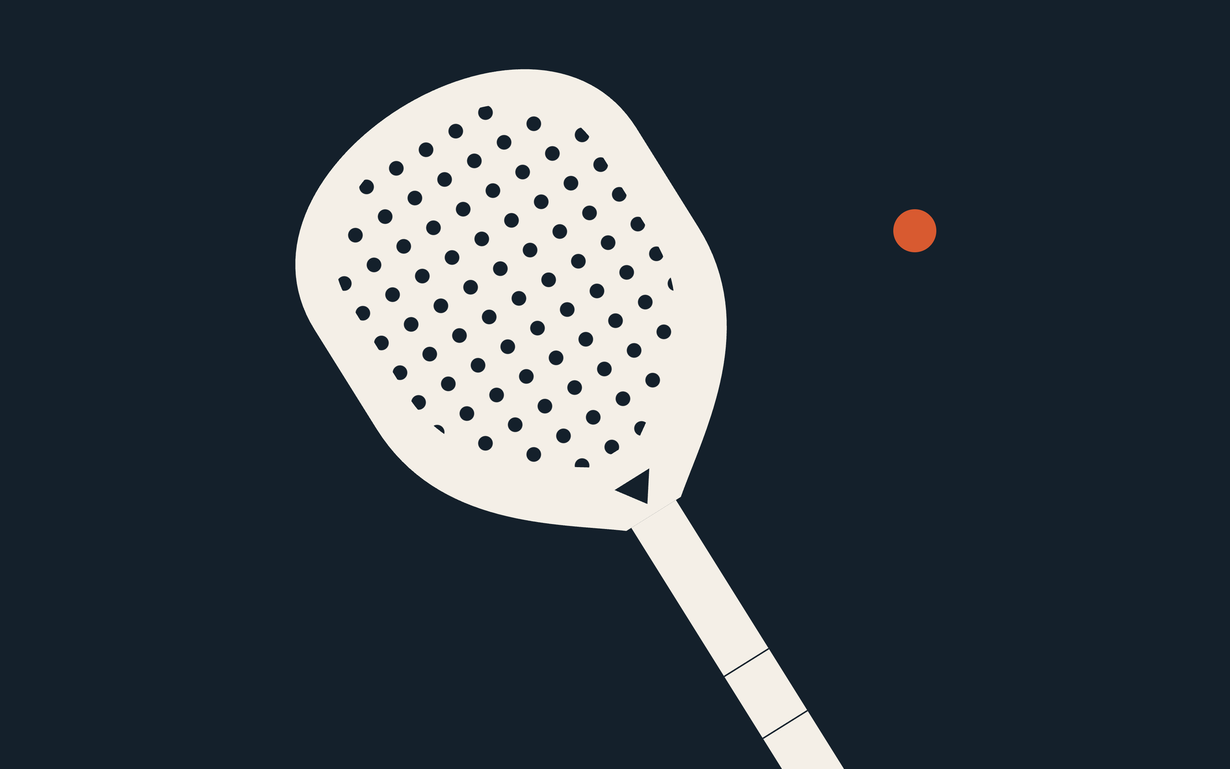 A perforated padel racquet with an orange ball
