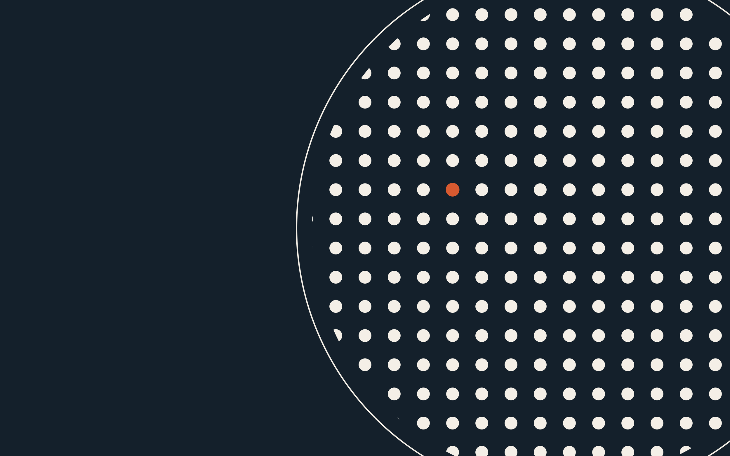 Abstract dark navy background with a large outlined circle filled with cream dots and one orange highlighted dot.