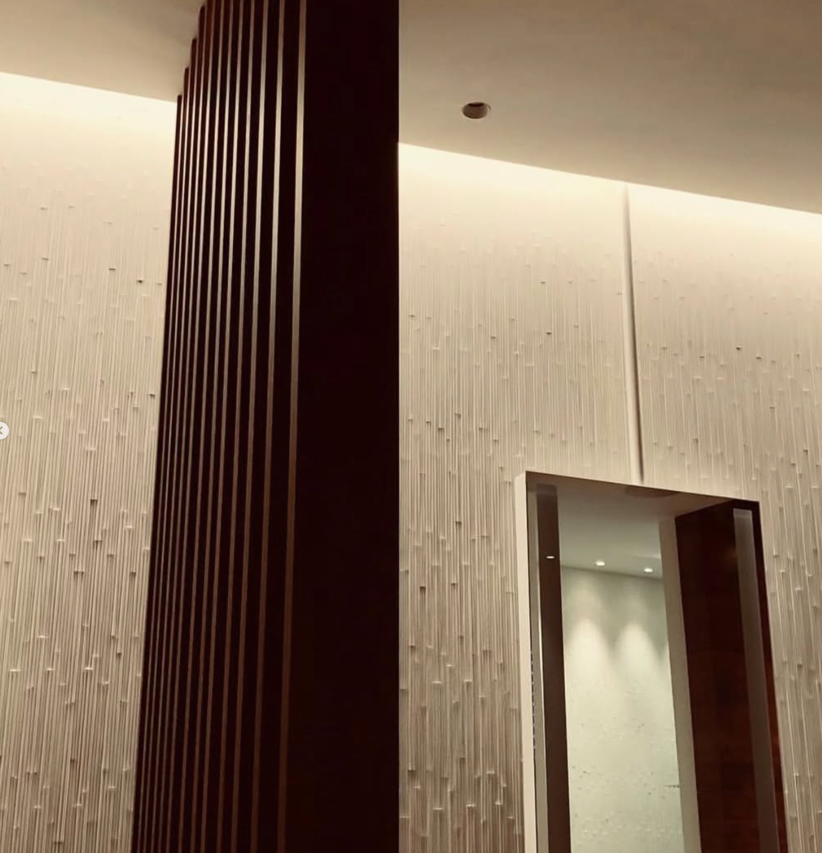 Intérieur moderne avec mur texturé, lamelles verticales en bois sombre et ouverture encadrée.