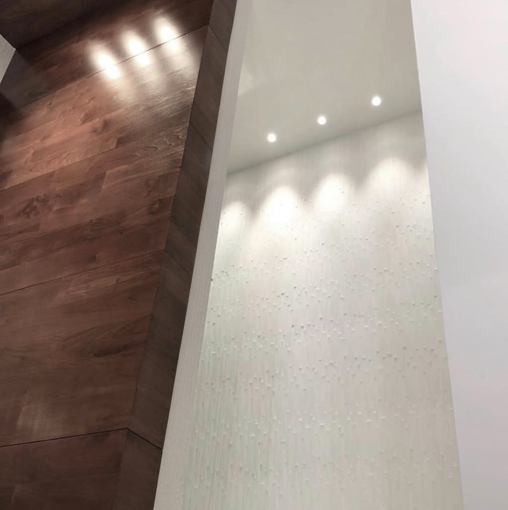 Intérieur moderne avec parquet en bois foncé et mur blanc éclairé par des spots encastrés.