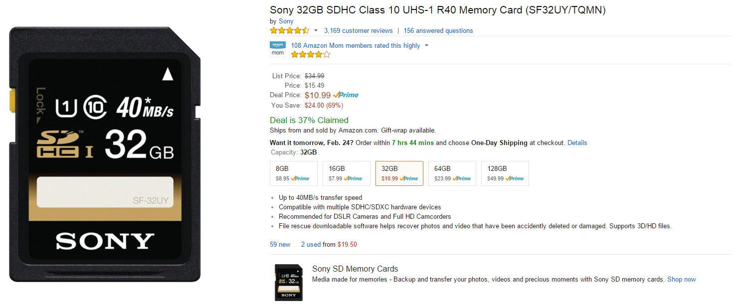 [Lightning Deal] Amazon sale on Sony SDHC Class 10 UHS-1 R40 Memory Cards