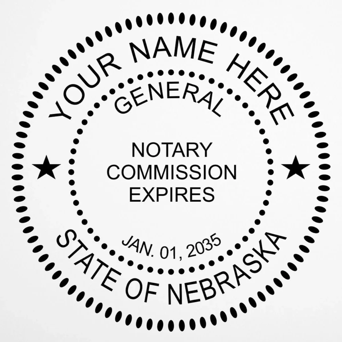 Nebraska notary commission stamp reading “Your Name Here,” “General Notary,” and “Notary Commission Expires Jan. 01, 2035.”
