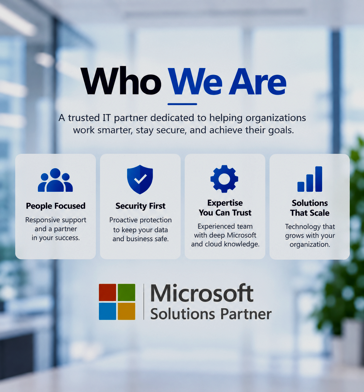IT partner “Who We Are” graphic highlighting people-focused support, security, Microsoft and cloud expertise, scalable solutions, and Microsoft Solutions Partner status.
