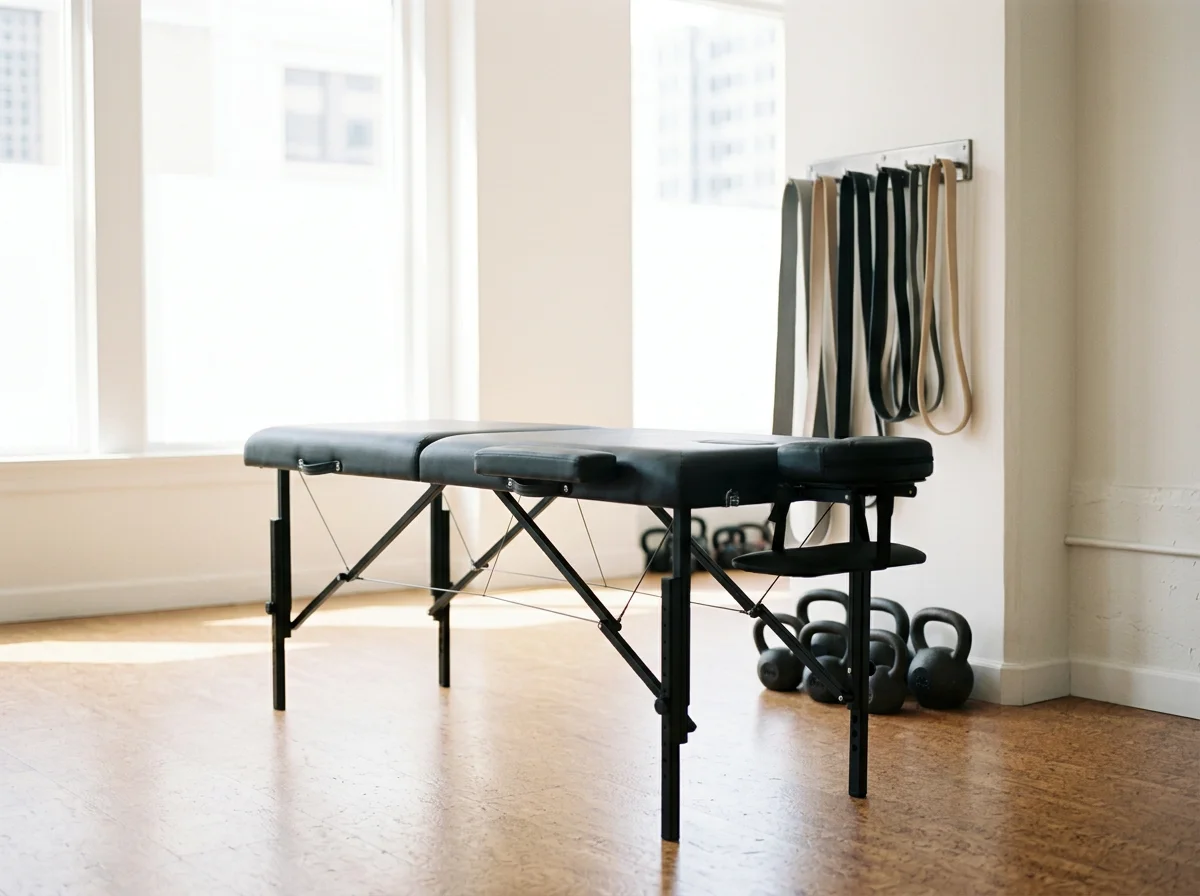 Portable massage table in a bright fitness studio with resistance bands and kettlebells