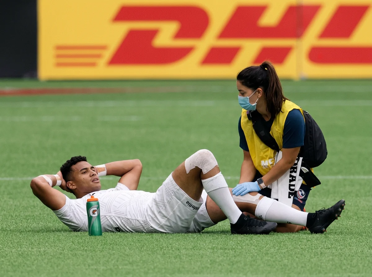 Soccer player receiving treatment from a masked athletic trainer on the field