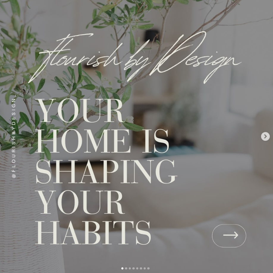Minimalist home interior with leafy branches and large text reading “Your home is shaping your habits.”