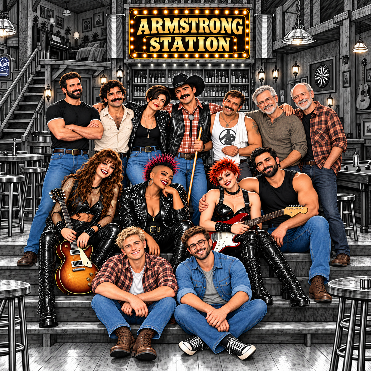 The characters of Armstrong Station in front of the bar.