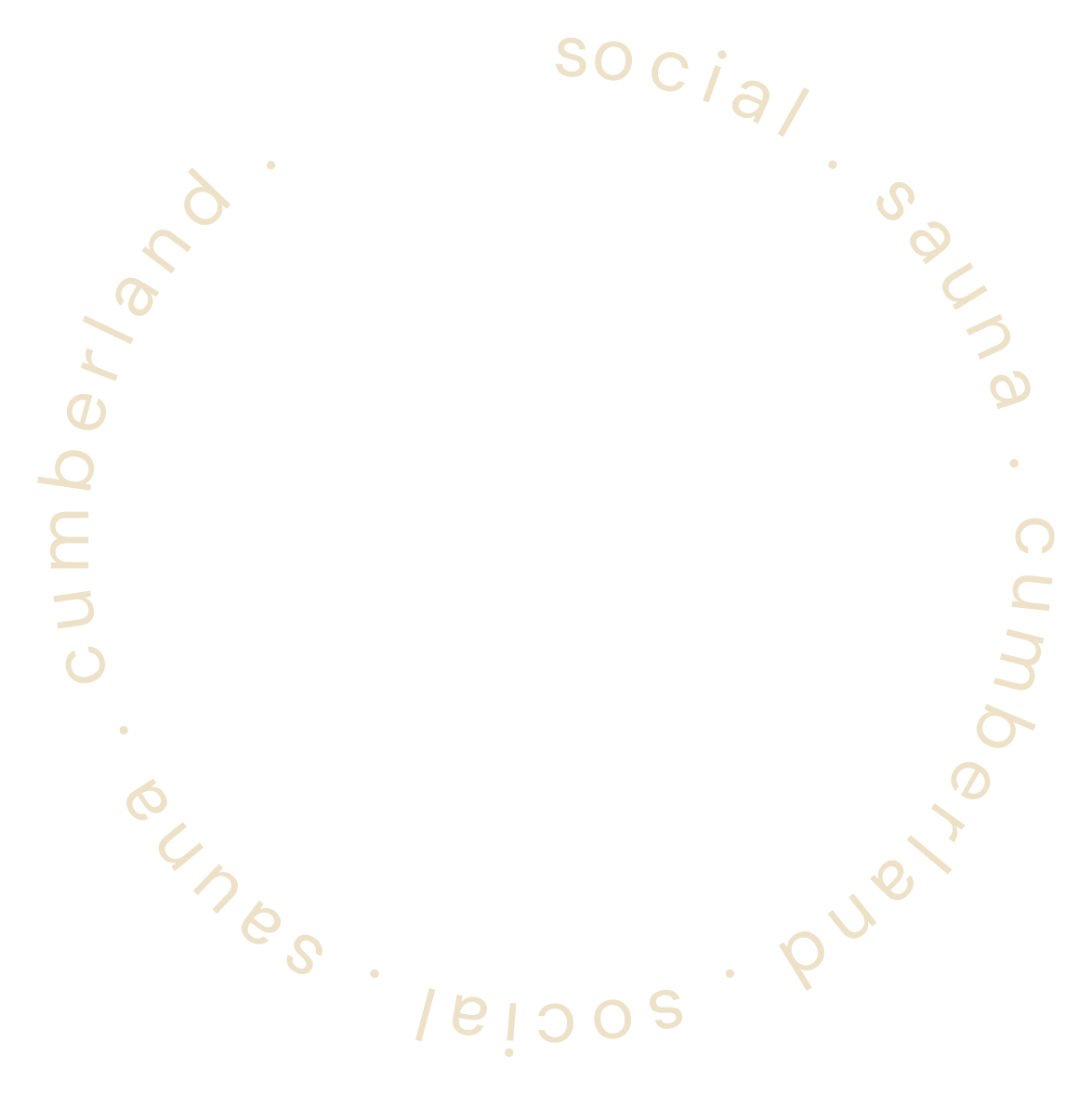 Circular text graphic reading “Social sauna, cumbreland businesses,” with cream lettering on a black background.