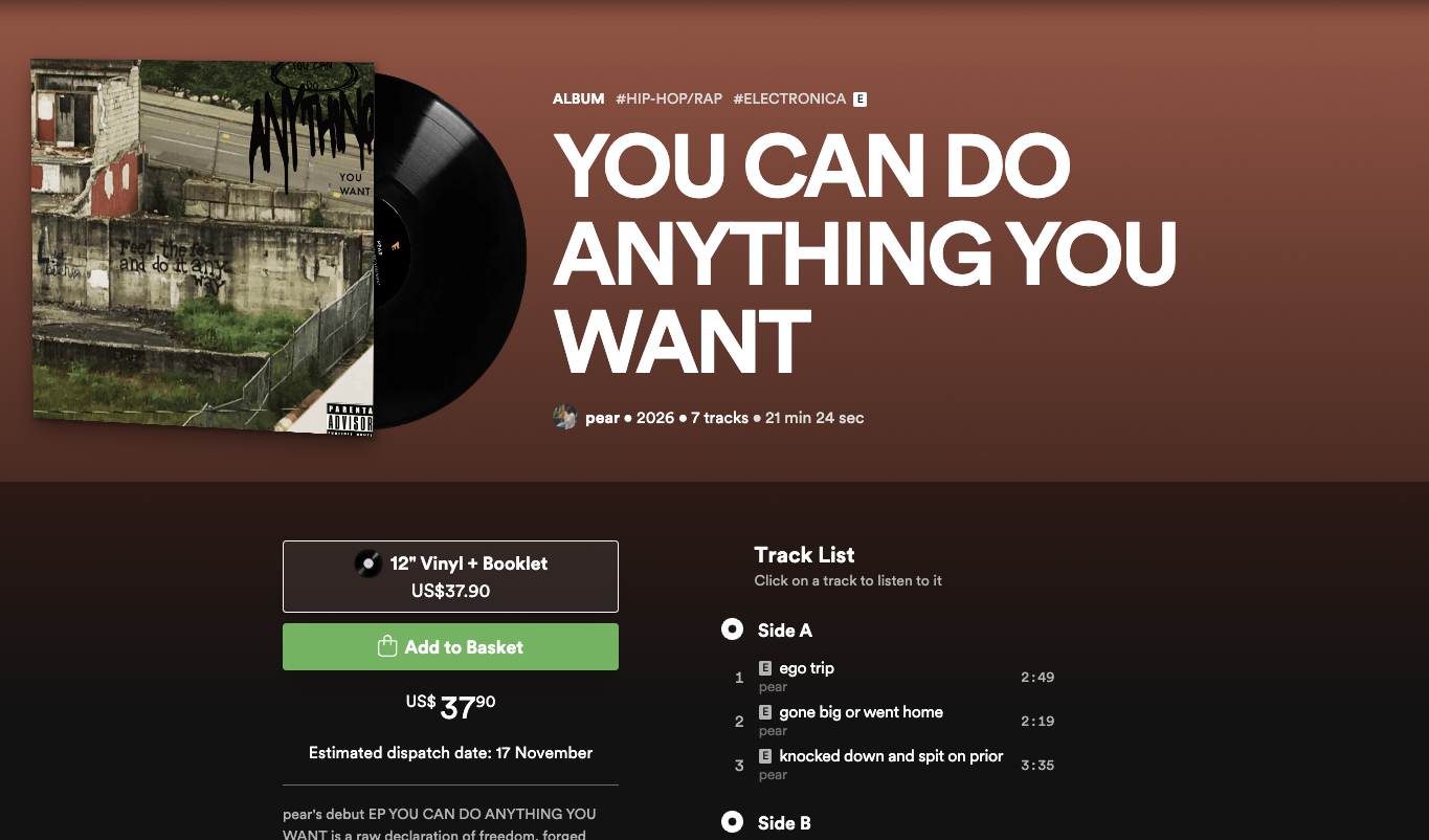 Vinyl album product page for pear's 2026 hip-hop/rap EP You Can Do Anything You Want, showing album cover, record, pricing, and track list