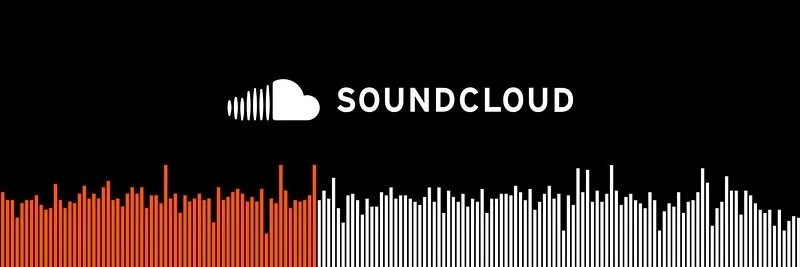 SoundCloud logo above orange and white audio waveform on a black background