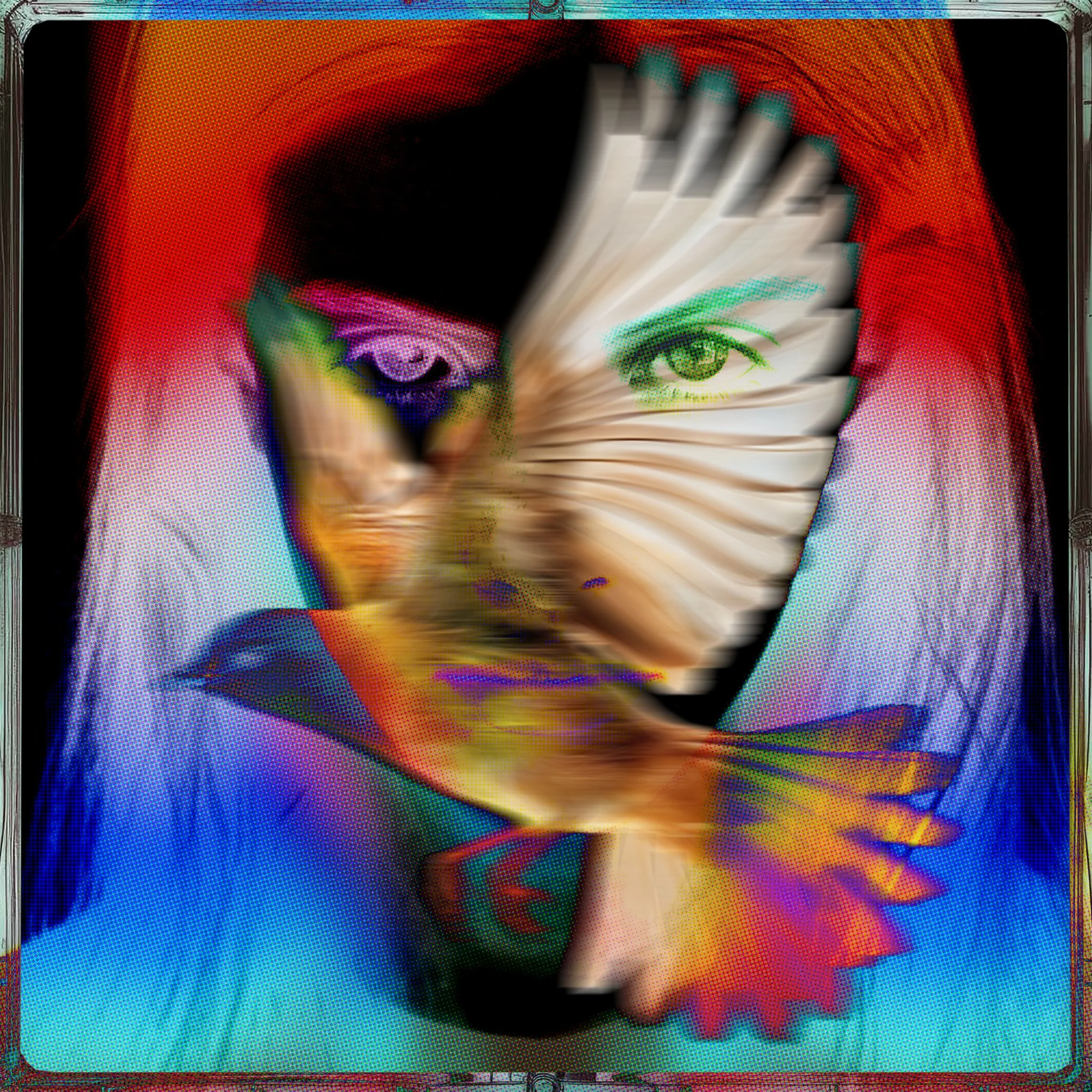 Pop-art portrait of a person with dramatic white fan-shaped hair, colorful makeup, and a striped collar against a red and blue background.