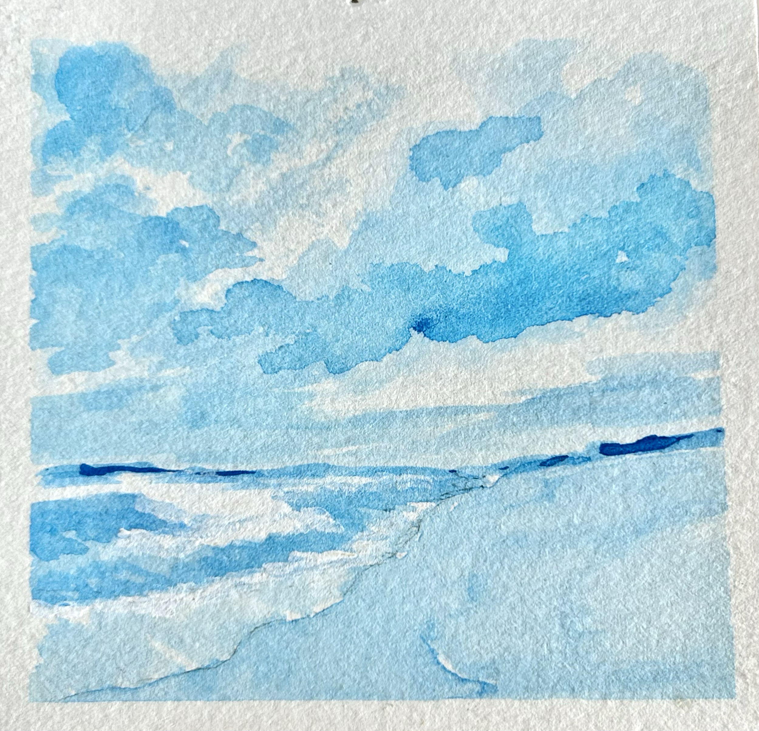 Blue Scene (1), 2026. Watercolor on paper - 3 x3 in (7.6 x 7.6 cm)