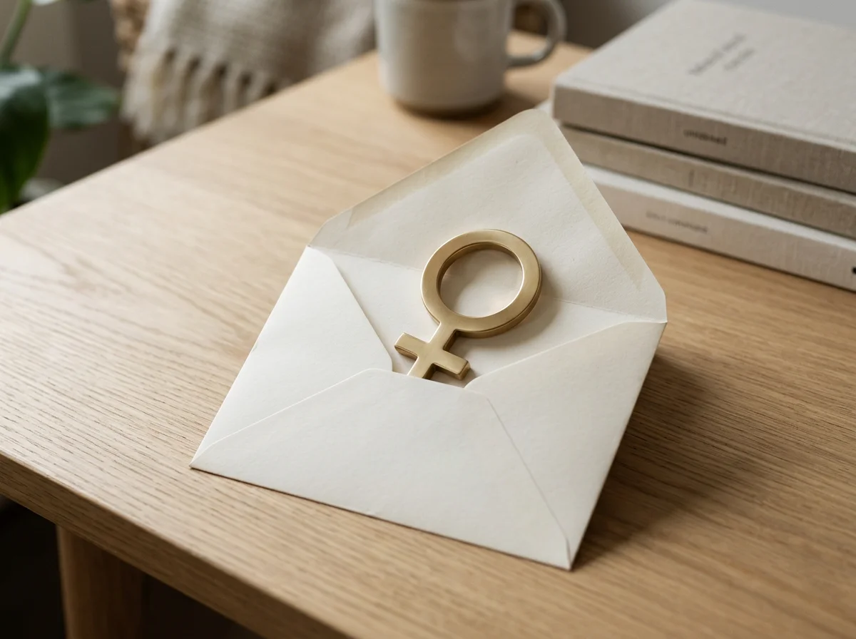 Gold female gender symbol resting on an open white envelope on a wooden table
