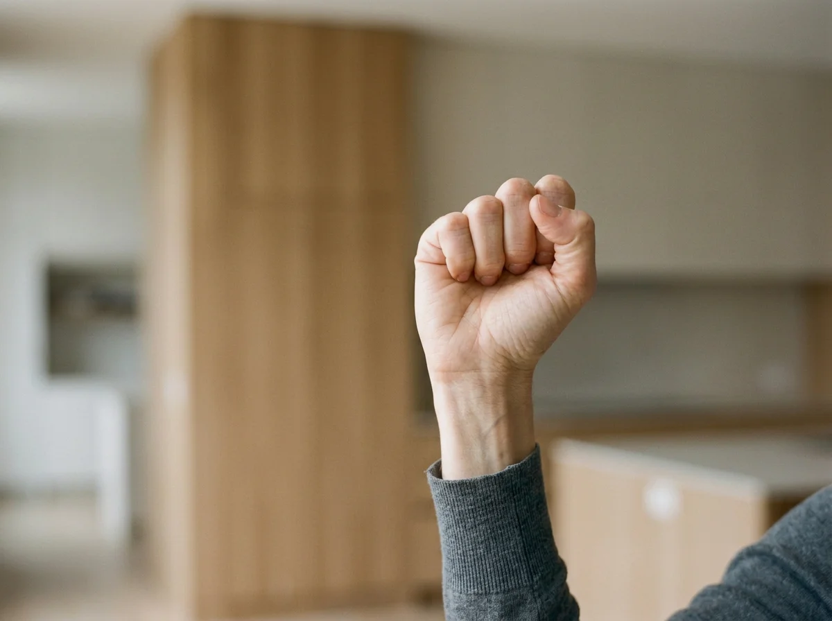 Raised clenched fist in a gray sweater