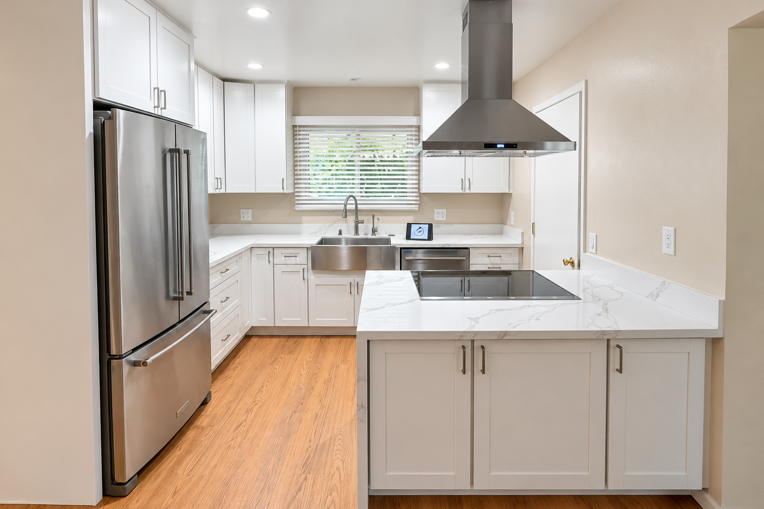 Completed kitchen with white cabinetry, stone-look countertops and stainless steel appliances