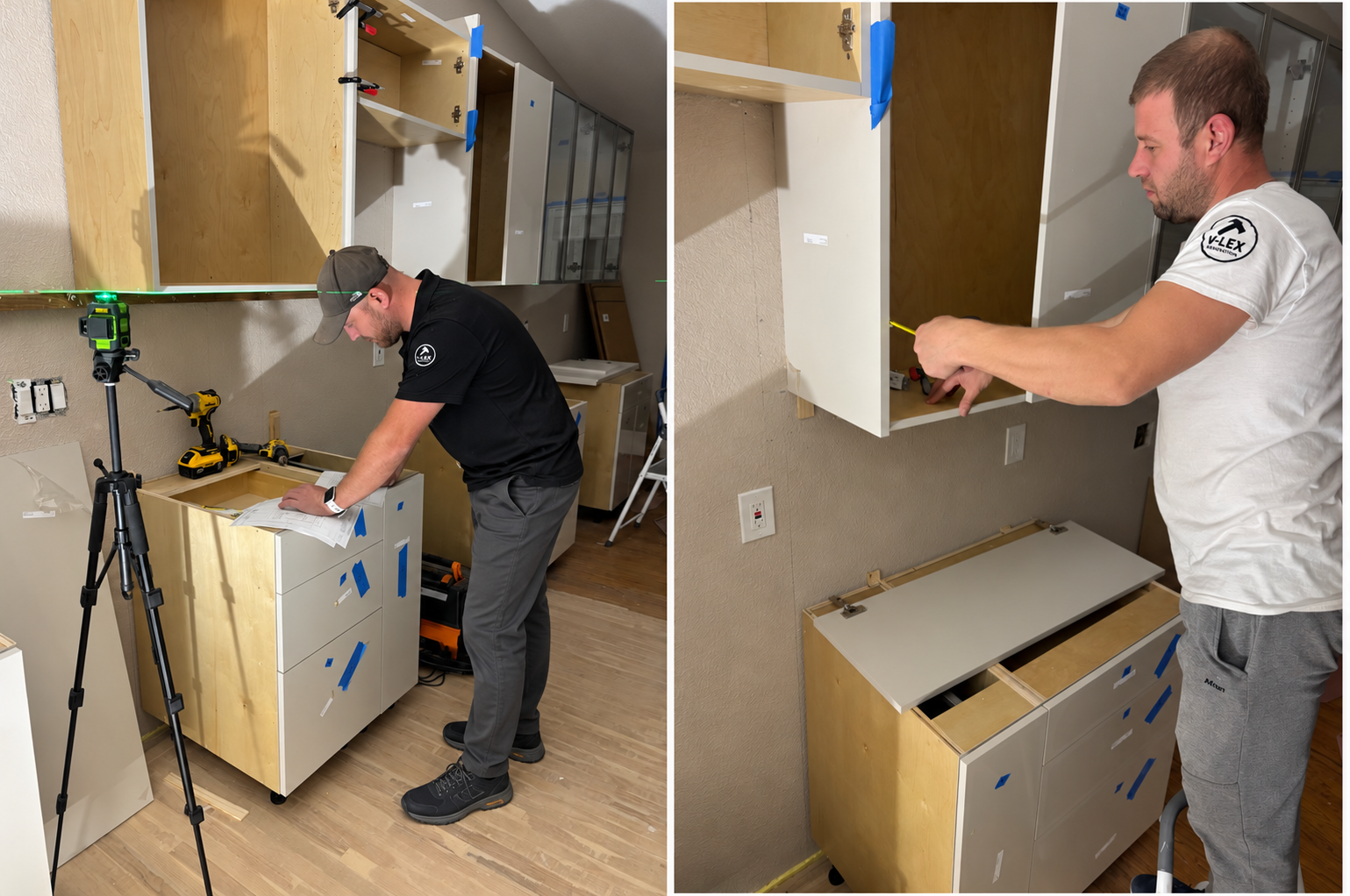 V-Lex Renovation team measuring and installing kitchen cabinets