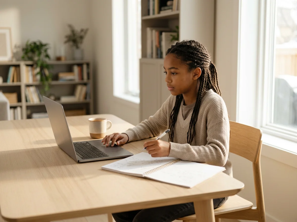 Young Black girl studying at a laptop while writing in a notebook at a home dining table