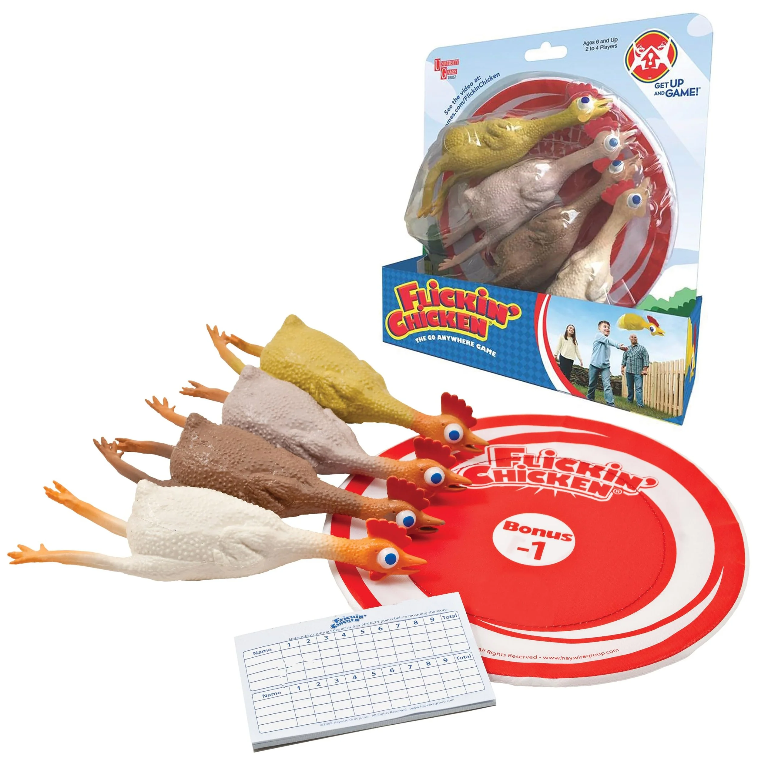 Flickin' Chicken game with rubber chickens, target mat, scorecard, and retail packaging