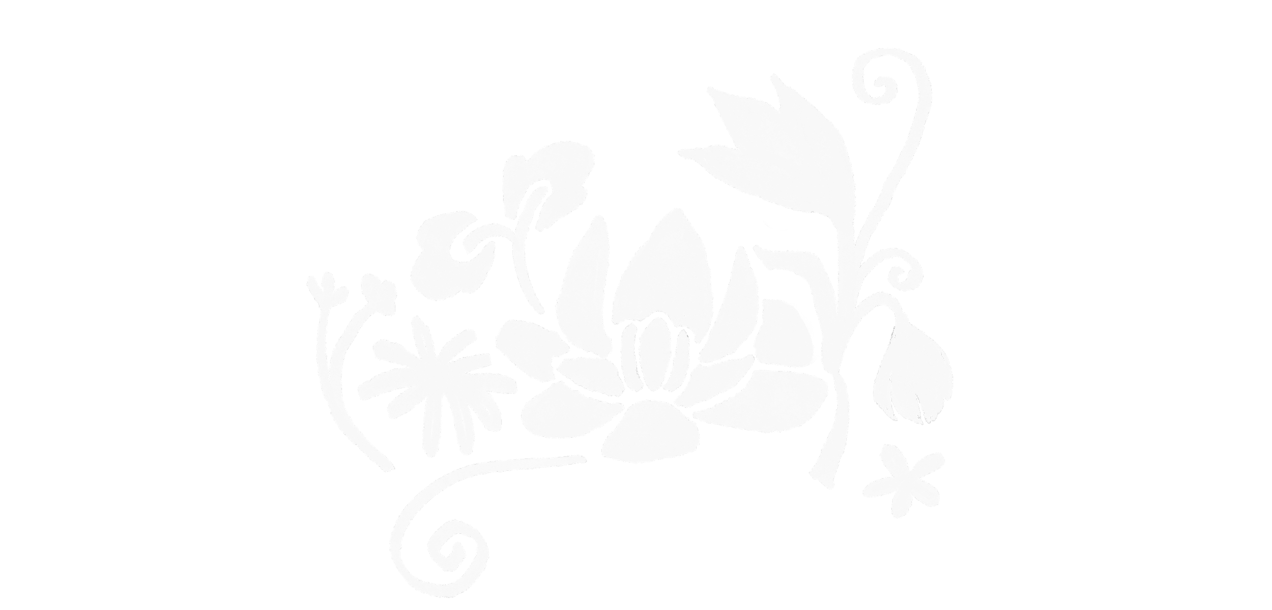 White floral illustration featuring a central lotus flower, daisies, leaves, and curling vines on a black background.