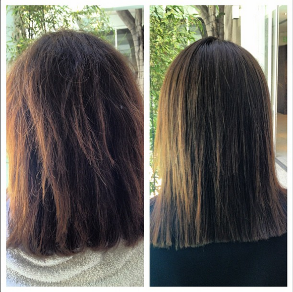 Glossy brunette color, before and after