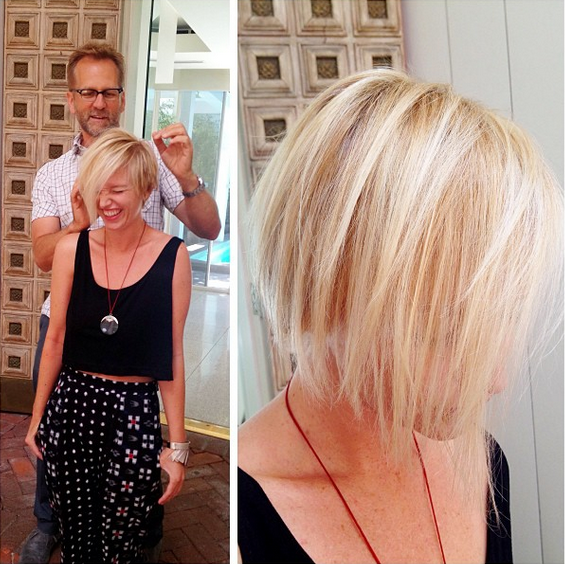 Platinum blonde bob cut and colored by David John