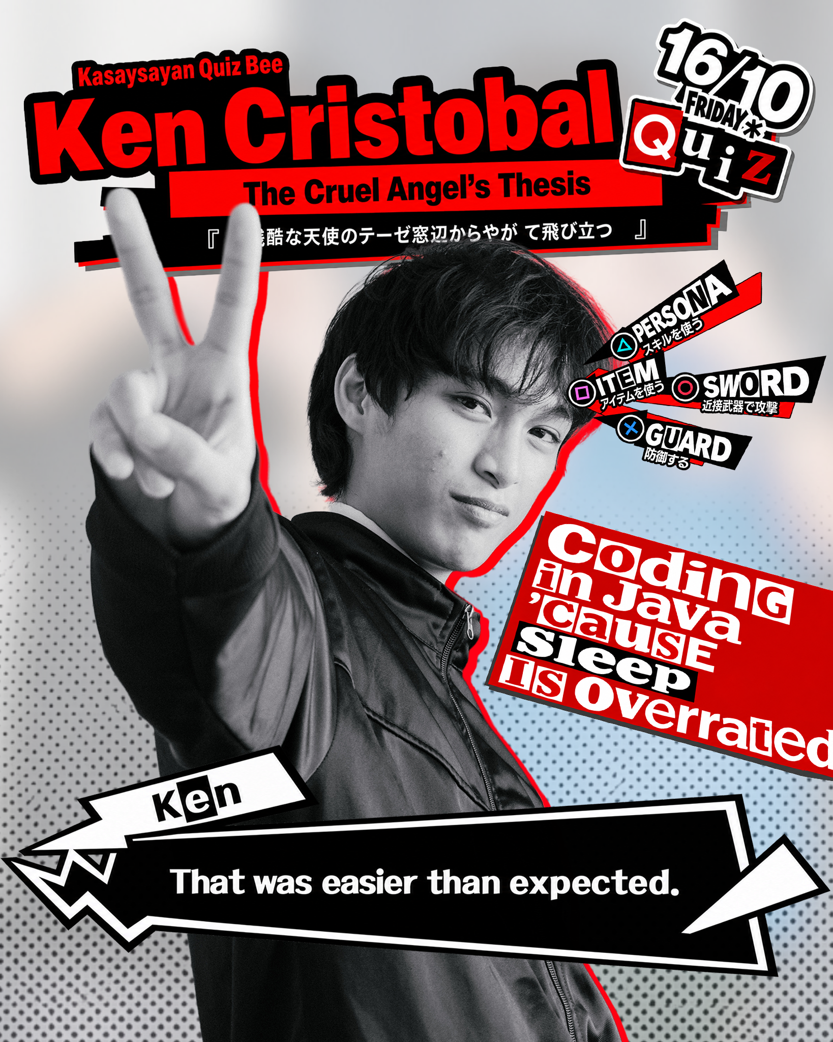 Stylized Ken Cristobal quiz graphic featuring a young man making a peace sign, with text about coding in Java, sleep, and overrated skills. Persona inspired edit graphic
